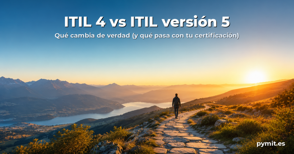 Camino de piedra al amanecer: de un valle azul sereno a la luz dorada — ITIL 4 vs ITIL versión 5