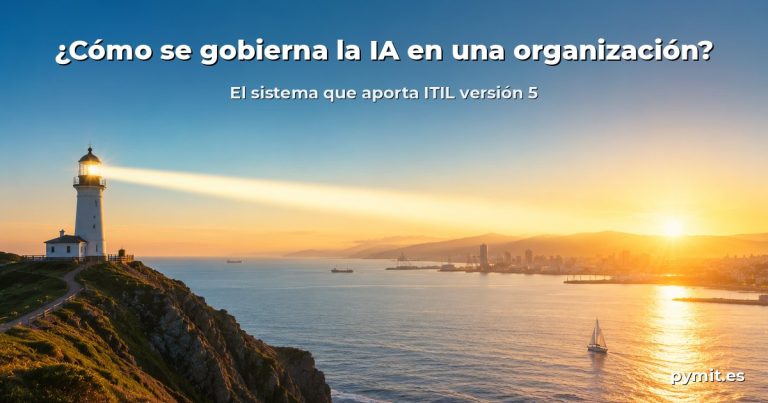 Faro al atardecer iluminando una ciudad costera, con el título «¿Cómo se gobierna la IA en una organización? El sistema que aporta ITIL versión 5».